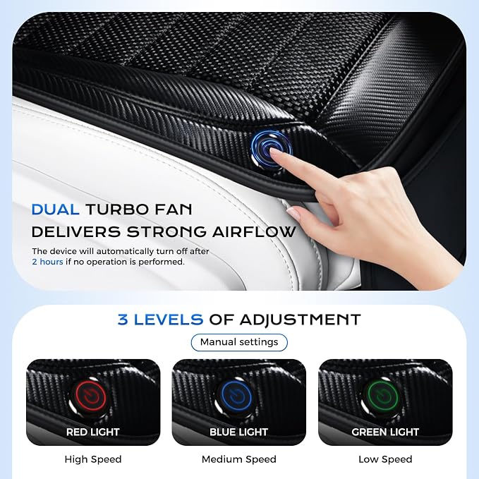 Coverado Cooling Car Seat Cover, Ventilated Seat Cushion with Dual Turbo Fans, 3 Wind Speed, Built-in USB Ports, Breathable Mesh & Carbon Fiber Fabric, Cooled Seat Cover Universal Fit for Cars, Black