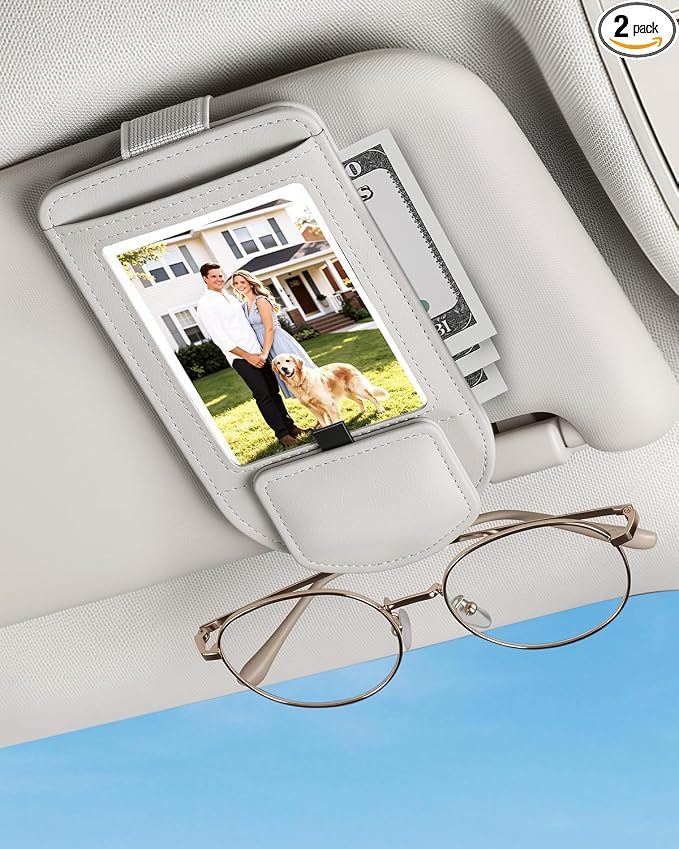 Car Visor Sunglasses Holder, 3 in 1 Glasses Clip with Photo Picture Display & Extra Storage Pocket, Anti-Slip Universal Sun Visor Organizer, 2026 Upgraded (2, Off-White)