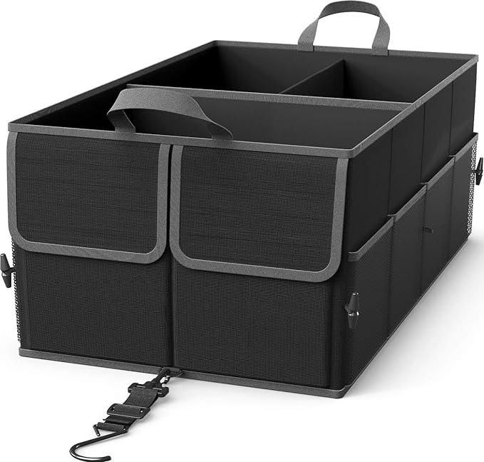 Foldable Car Trunk Organizer for SUV, 3-Compartment, Black | with Removable Divider, Side Pockets and Securing Straps