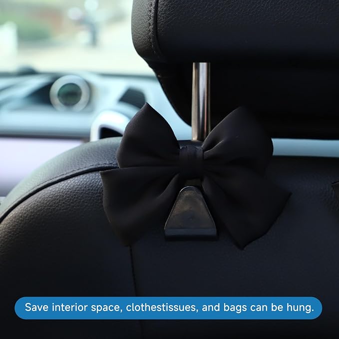 2PCS Car Seat Hooks, Cute Bow Car Seat Headrest Hooks for Purses, Bags, Umbrella, Universal Automotive Interior Decoration Accessoriesl for Vehicle, SUV, Sedan, Truck (Black)