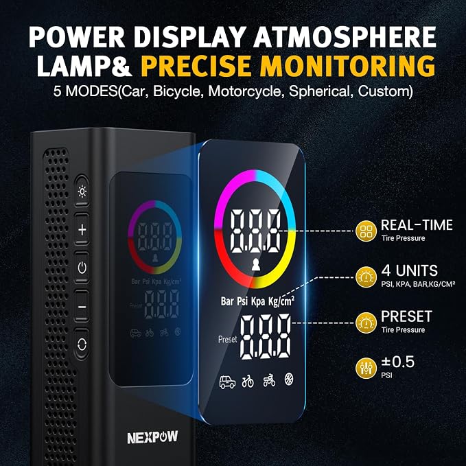 Tire Inflator Portable Air Compressor, 150 PSI Cordless Car Air Pump with Digital Gauge, Rechargeable 7800mAh Battery, LED Light, for Car Tires, Bike, Motorcycle, Ball, Inflatables