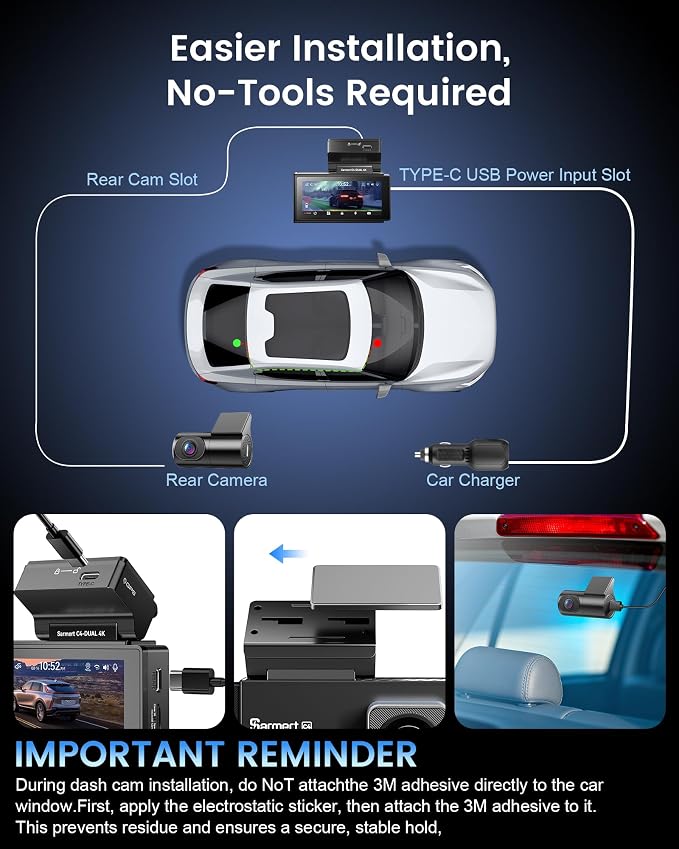 Dash Cam Front and Rear - C4 Dual 4K Built-in GPS and 5G WiFi, Free 128GB Card Included, HDR Night Vision, WDR, 4K UHD Dash Camera for Cars, App, 24H Parking Mode