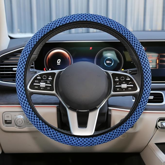 Elastic Stretch Steering Wheel Cover, 15" Breathable Microfiber Ice Silk Steering Wheel Protector, Universal Anti-Slip Car Warm in Winter&Cool in Summer Accessories for Men Women (Blue)