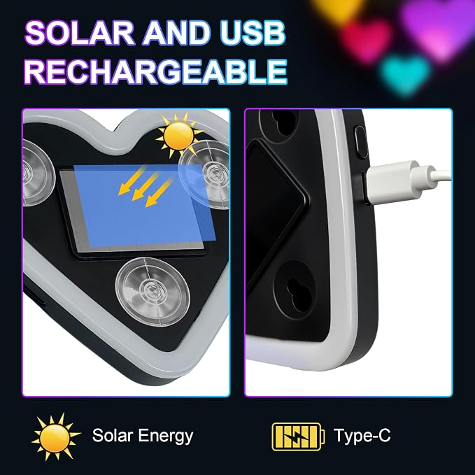 Heart-Shaped LED Neon Light | Solar and USB Rechargeable | 2 Pack Blue Car Interior Lights with Suction Cups | 40 High-Brightness LEDs Car Ambient Light, 5 Modes