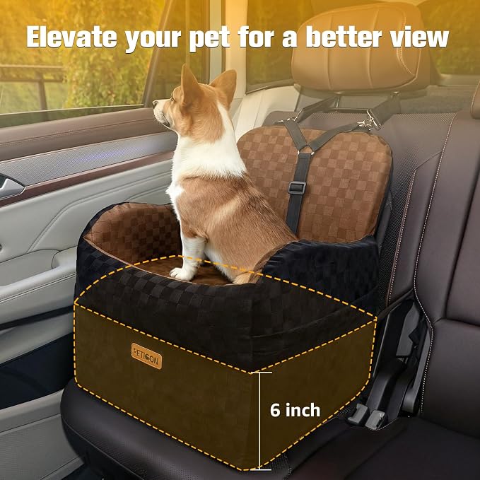 Waterproof Dog Car Seat for Small Medium Dogs, 6in Memory Foam Pet Booster Seat for Dogs up to 26 lbs with Pockets, Detachable Washable Pet Carseat with Y-Shape Safety Belt