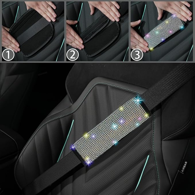 8 pcs Bling Car Accessories Set for Women, Steering Wheel Cover, Sparkly Seat Belt Covers, Bling Gear Shift Cover, Universal Fit Most Cars (Multicolor Diamond)