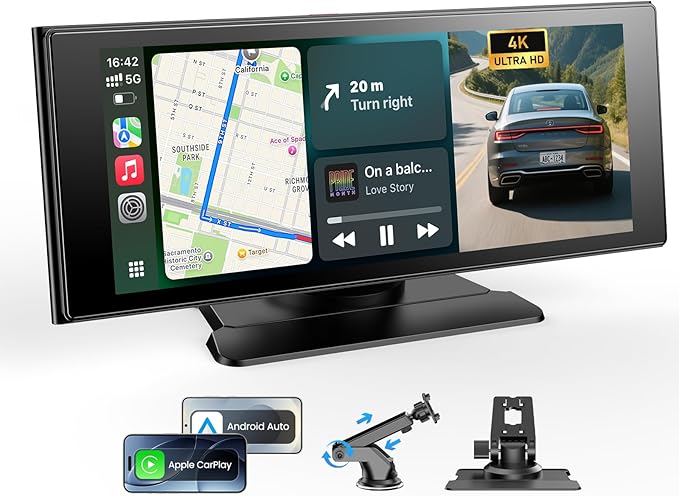 Wireless Car Play Screen, 10.26'' Monitor with Apple Carplay & Android Auto, 4K Portable Smart Touch Tablet Stereo Multimedia Dashboard, Bluetooth/FM/GPS/AUX