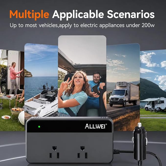 200W Car Power Inverter, 12V DC to 110V AC Car Inverte with 4 USB Fast Charging Port(2xUSB A, 2xUSB C)- Car Charger Cigarette Lighter Adapter for Phone, Laptop and Small Devices on Road Trip