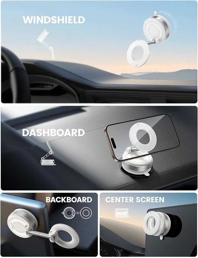 Car Phone Mount - [70 LBS Strongest Suction] for Magsafe Car Mount, 360° Adjustable Suction Cup Phone Mount Dashboard Windshield Vacuum Magnetic Phone Holder for Car White