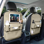 Car Seat Organizers Waterproof Backseat Protector with Storage Pocket Large Leather Kick Mats for Kids Pets Automobile SUV Truck (Beige, Large Pocket)