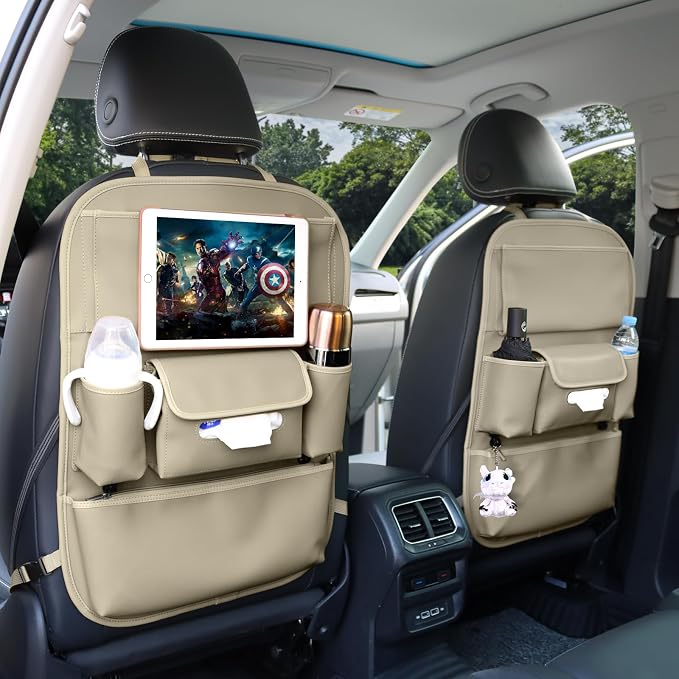 Car Seat Organizers Waterproof Backseat Protector with Storage Pocket Large Leather Kick Mats for Kids Pets Automobile SUV Truck (Beige, Large Pocket)