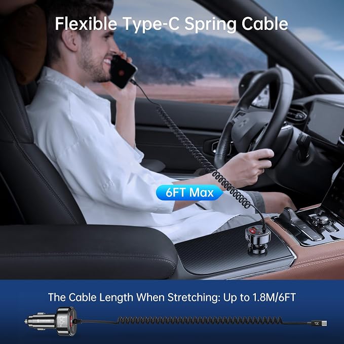 USB C Car Charger with [Battery Leakage Prevention] 66W Super Fast Car Adapter with PD & QC 3.0 Built in 6FT Type C Coiled Cable for iPhone 17/16/15 Series, Samsung Galaxy/Google Pixel