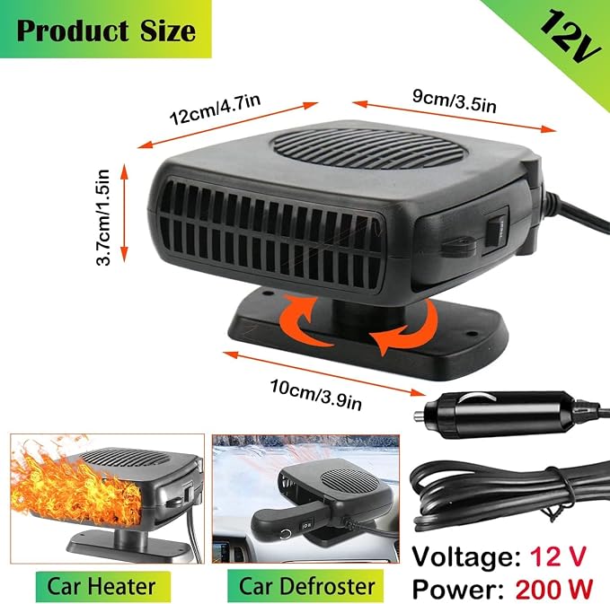 2026 New Portable Car Heaters for Vehicle for Winter, 12v Car Heater That Plugs Into Cigarette Lighter, 200w Cigarette Lighter Heater for Car Defroster and Defogger(Black)