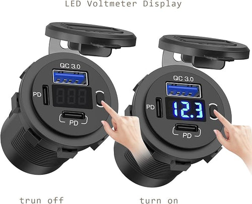 12V USB Outlet, Dual USB C Car Charger Socket & Quick Charge 3.0 Port with Voltmeter and Power Switch for Car Boat Marine Truck