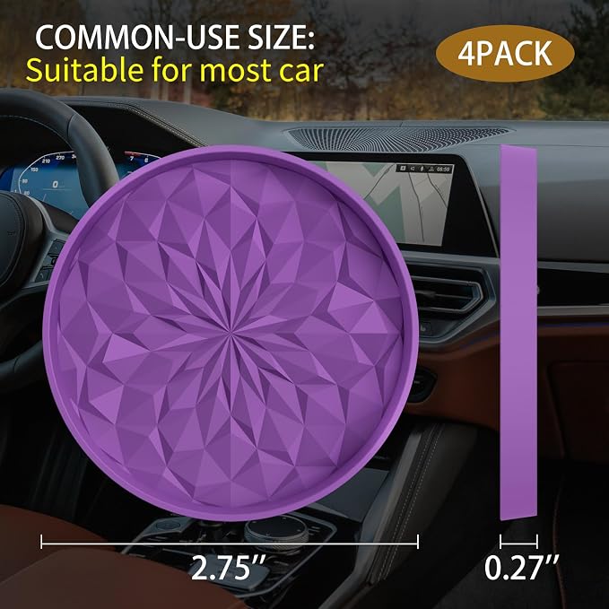 ME.FAN Car Coasters for Cup Holders [4 Pack] - 2.75In Silicone Auto Mug Mats - Universal Non-Slip Recessed Car Interior AccessoriesDeep Purple