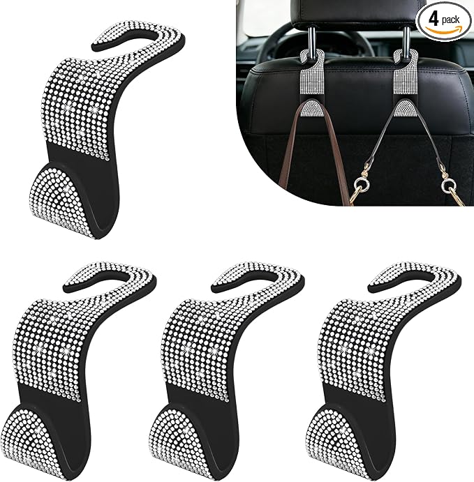 4PCS Bling Car Seat Headrest Hooks, Purse Holder for Car, Vehicle Back Seat Purse Handbag Hanging Holder with Crystal Rhinestone, Diamond Car Rear Seat Organizer for Vehicles (White)