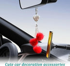 Bling Diamond Heart Interior Accessories, Mirror Hanging Ornament for Women, Love Heart & Pink Plush Ball Decor Pendant, Car Decoration Charm (Red)