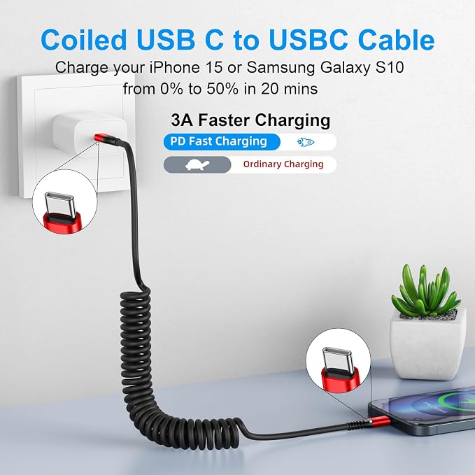 USB C Cable 3ft 2Pack USB C to USB C Charger Cable for Car, Coiled Type C Fast Charging Cable for iPhone 17/16/15/Plus/Pro/Pro Max/MacBook Pro 2020/iPad Pro 2020/iPad Air 4/Samsung Galaxy S23-Red