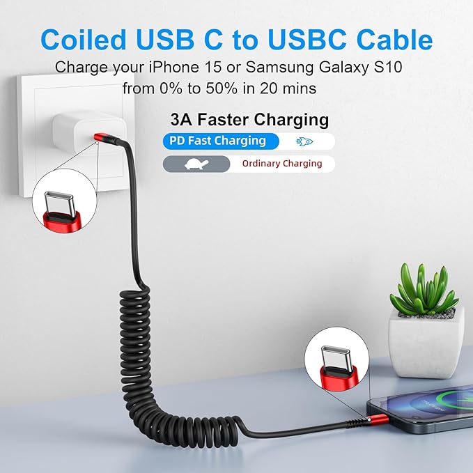 Coiled USB C Cable for Car 3FT & 6FT, USB C to USB C Fast Charging Cable USB Type C Cord Compatible with iPhone 17/16/15/Plus/Pro/Pro Max/MacBook Pro 2020/iPad Pro 2020/Samsung Galaxy S23-Red