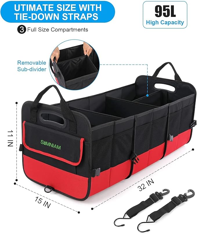 Large Trunk Organizer for Car, Foldable Multi Compartment Car Trunk Organizer with 2 Retractable Straps, Suitable for All Kinds of Cars, SUV, Minivan - 4 Compartments Red