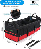 Large Trunk Organizer for Car, Foldable Multi Compartment Car Trunk Organizer with 2 Retractable Straps, Suitable for All Kinds of Cars, SUV, Minivan - 4 Compartments Red