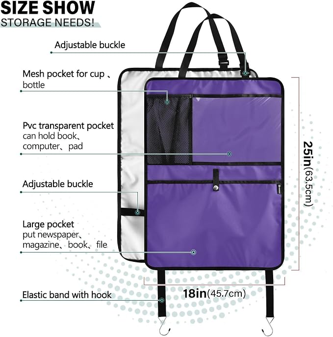 Dark Purple Car Seat Organizer for Kids Backseat Kick Mat with Adjustable Strap Back of Seat Protector for SUV Car Vehicle 2 Pcs