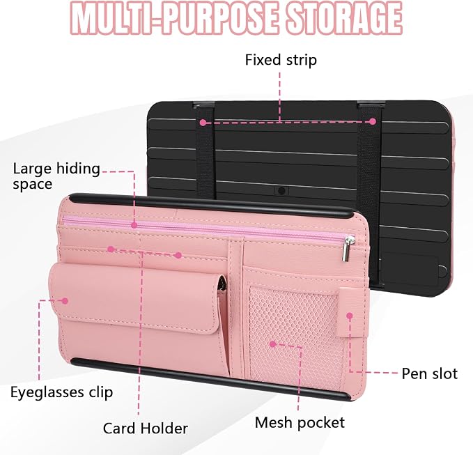 Car Visor Organizer, Leather Multi-Pocket Auto Sun Visor Storage Pouch with Sunglasses Holder, Card Holder, Zipper Pocket, Net Pocket, Pen Slot, Universal Interior Car Accessories (Pink)