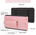 Car Visor Organizer, Leather Multi-Pocket Auto Sun Visor Storage Pouch with Sunglasses Holder, Card Holder, Zipper Pocket, Net Pocket, Pen Slot, Universal Interior Car Accessories (Pink)