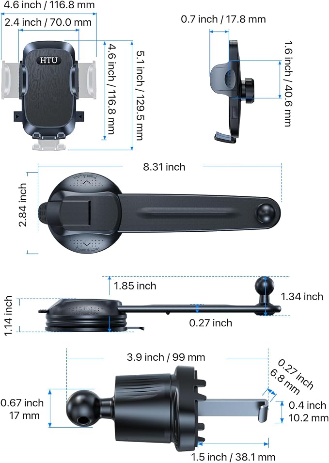 HTU Upgraded Strongest Suction Car Phone Holder Bendable Arm, Never Block View Rotatable Cellphone Mount for Dashboard Windshield Vent, Cradle Stand for iPhone 17 16 15 14 13 12 Pro Max (Black)