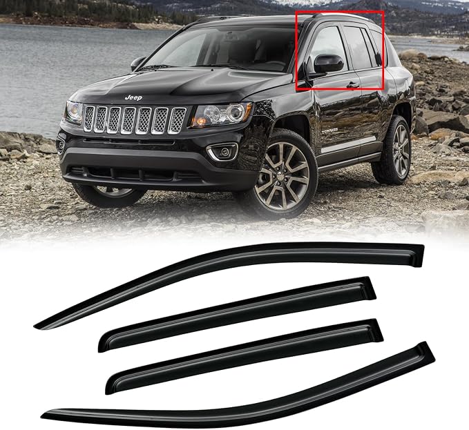 Window Visor for 2007-2016 Jeep Compass, Out-Channel Rain Guards Shields Vent Deflector Shade Wind Dark Smoke 2008 2009 2010 2011 2012 2013, Tape-On Outside-Mount, 4PCS
