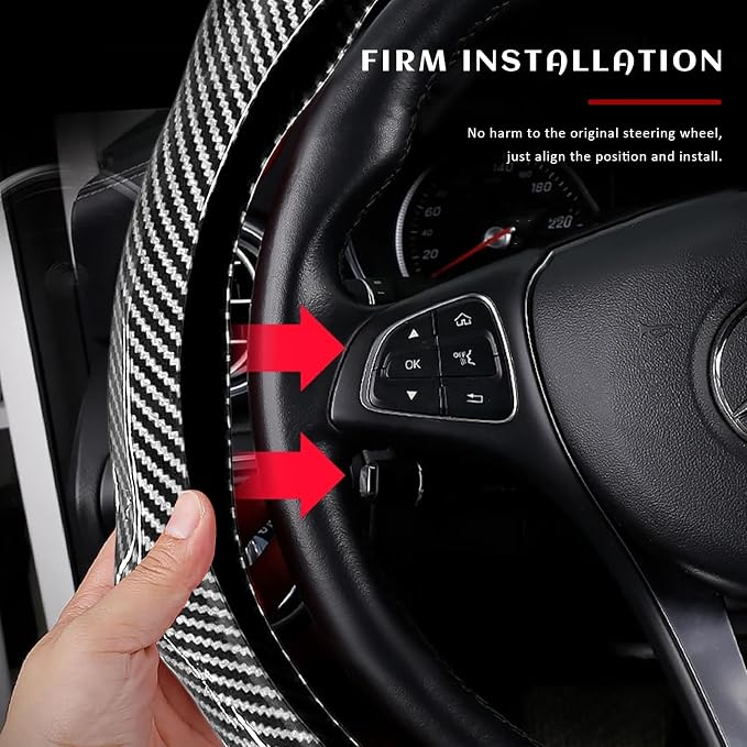 Sun Walker Carbon Fiber Car Steering Wheel Cover, 15" Anti-Slip Wear-Resistant Steering Wheel Protector Stylish Interior Decor, Ultra-Thin Comfortable Leather Wheel Cover for Women Men (Silver)