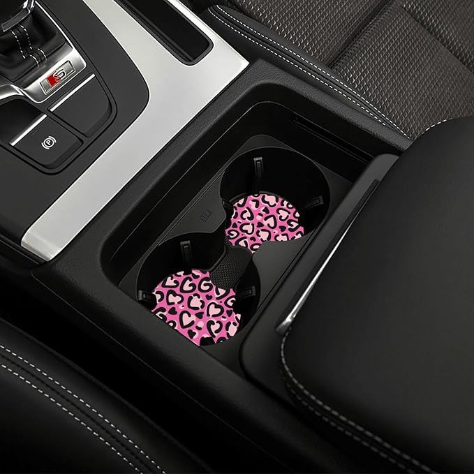 Pink Leopard Pattern Steering Wheel Cover 15 Inch Cheetah Steering Wheel Cover Anti-Slip Universal Pink Leopard 2 Pcs Car Interior Cup Holder Pad for Men Women