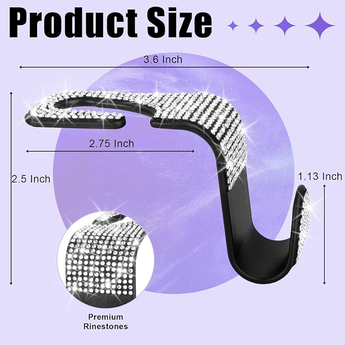 6 Pack Bling Car Seat Headrest Hooks, Bling Car Accessories for Women, Rhinestone Purse Hook for Car, Universal Storage Organizer for Handbag Grocery Bags Coats (Bling White)