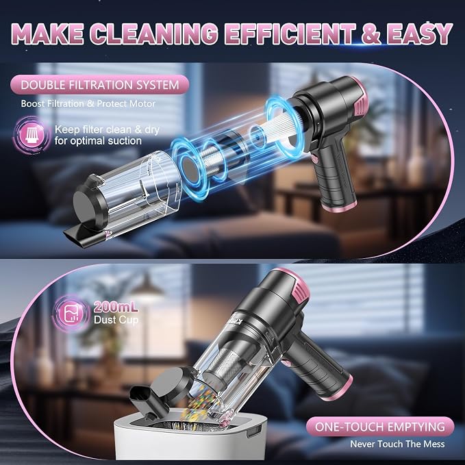 Handheld Car Vacuum Cleaner, 16000PA Air Duster & Vacuum Cleaner, 120W High Power Hand Held Vacuum Cordless, Portable Vacuum Rechargeable with Multi-Nozzles & LED Light for Car, Home, Pet, Office