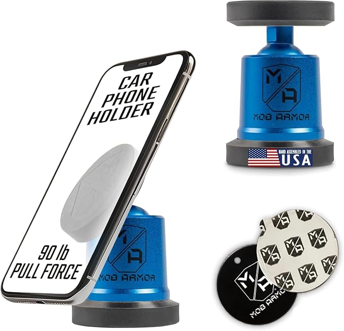 MobNetic Maxx - USA Assembled Magnetic Phone Holder for Car, Magnetic Car Phone Mount, 90-Degree Tilt, 360-Degree Rotation, Aluminum Metal, Compatible with iPhone & Android - Blue