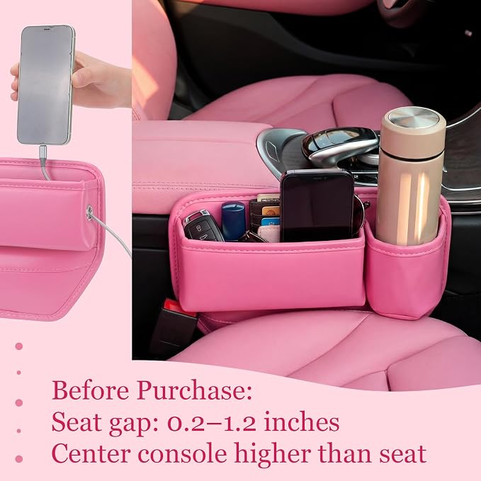 2 Pack Pink Car Seat Gap Filler Organizer with Cup Holder and Storage Leather Car Organizer for Keys Cards Phone Sunglasses and Small Items