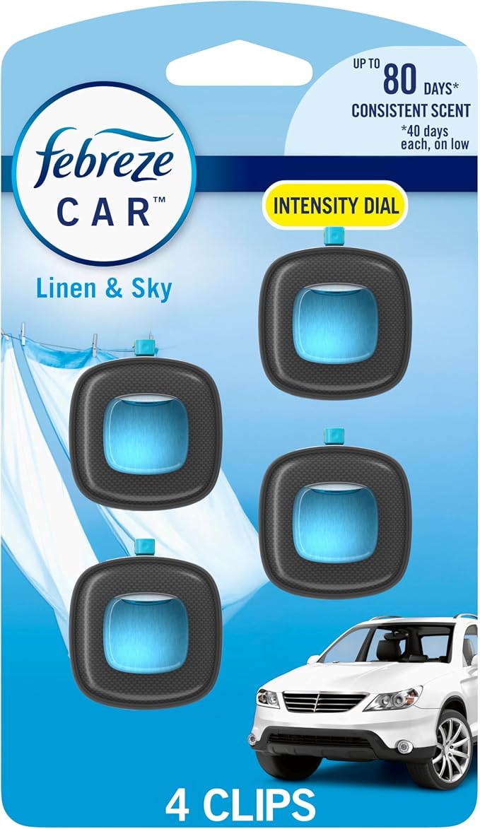 Car Air Freshener, Odor-Fighting Automotive Vent Clip, Scented Car Accessories, Long Lasting for Strong Odors, Linen & Sky Scent, 4 Count