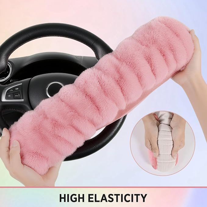 Steering Wheel Cover, Fluffy Car Wheel Covers for Women/Girls/Ladies，Soft Wool Fur Steering Wheel Protector, Universal 14 1/2 inches to 15 inches - Pink
