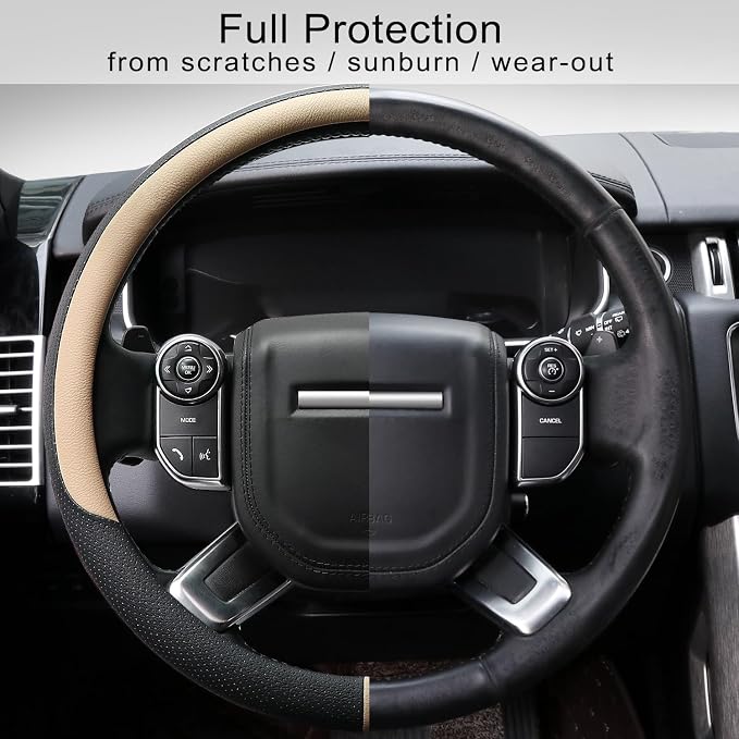 Breathable Car Steering Wheel Cover 16 inch Auto Universal Leather Wrap Non-Slip Steeringwheel Protector Automotive Interior Accessories, Beige (Suit for 15 1/2-16 inch)