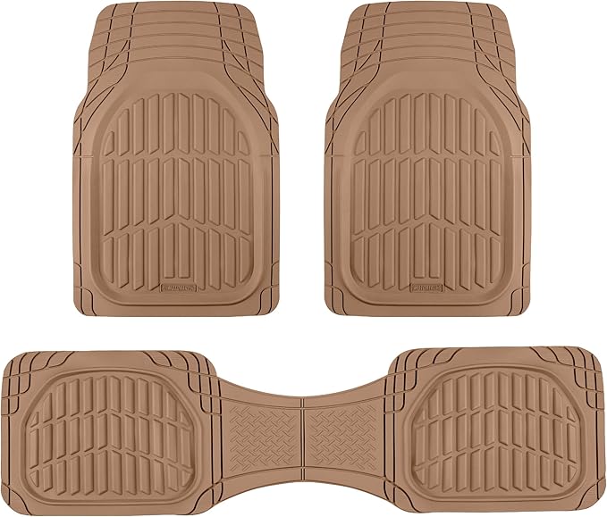 FlexTough LITE Rubber Car Mats Full Set - All Weather Floor Mats for Trucks, Cars & SUVs - Automotive Waterproof Beige Car Floor Mats for Cars Interior Accessories Universal Trim-to-Fit