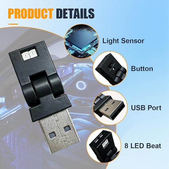 Mini USB LED Light, Portable Adjustable Brightness Car 7 Color RGB Dynamic Ambient Lights, Plug-in Auto Interior Night Atmosphere Lamp Decoration Accessories for Laptop Home(2PCS)