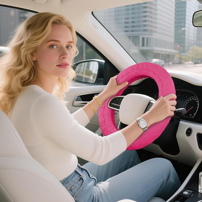 Steering Wheel Cover, Fluffy Car Wheel Covers for Women/Girls/Ladies，Soft Wool Fur Steering Wheel Protector, Universal 14 1/2 inches to 15 inches - HotPink