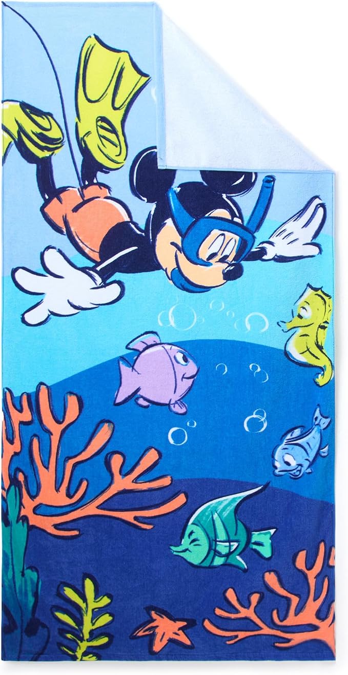 Store Official Mickey Beach Towel with Mickey Mouse Screen Art on Topside - Measures 29" x 58" - Soft & Absorbent for Pool or Beach - Bath Towels for Kids Who Love & Mickey