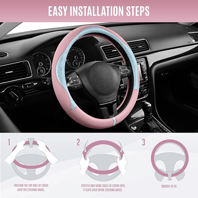 Steering Wheel Cover, Light Blue Patterned & Pink Leather Patchwork Design, Universal Fit 14.5"–15.5", Anti-Slip, Odor-Free, Soft Grain Leather, Durable Grip Car Accessory for Girls & Women