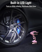 Cordless Tire Inflator Air Compressor, 20V Car Tire Pump w/ 12V DC Adapter, Rechargeable Li-ion Battery Operated Tire Compressor w/Digital Pressure Gauge, for Many Inflatables (Pink)