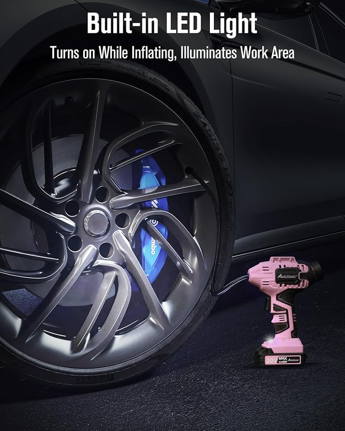 Cordless Tire Inflator Air Compressor, 20V Car Tire Pump w/ 12V DC Adapter, Rechargeable Li-ion Battery Operated Tire Compressor w/Digital Pressure Gauge, for Many Inflatables (Pink)