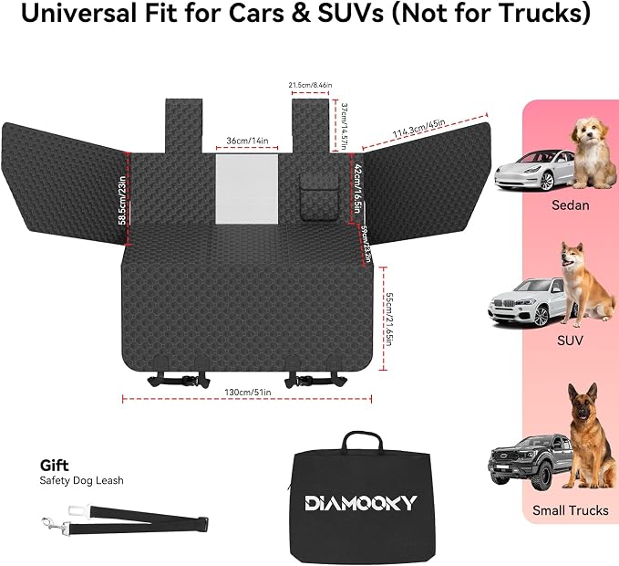 Dog Car Seat Cover for Back Seat, Waterproof Back Seat Extender for Dogs w/Door & Headrest Protector, Hard Bottom Pet Bed Hammock Holds 420lbs, for Cars SUVs Small Trucks(Not for 3-row seats)