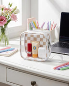 Preppy Clear Makeup Bag Travel Cosmetic Case Transparent Khaki and Beige Checkered Toiletry Bag with Zipper,Portable Mini Make Up Organizer Traveling Compact Car Bag for Essentials