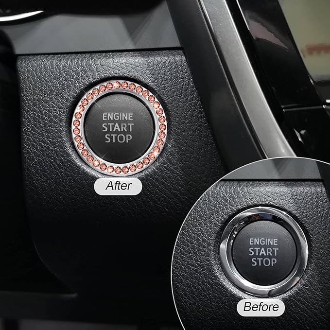 Bling Car Engine Start Ring Decals, 2PCS Crystal Rhinestone Vehicle Push Start Button Cover Sticker, Key Ignition Knob Ring, Sparkling Automotive Interior Accessories (Orange Red)