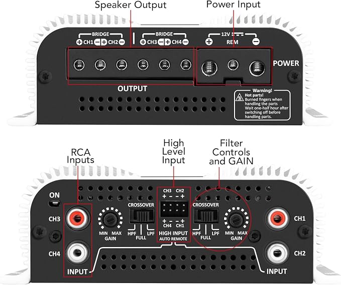 TS 1200x4 Amplifier Car Audio 1200W RMS 2 Ohms 4 Channels 2 Bridged Channels, Full Range Crossover Fixed RCA/Wire Input - Multichannel Class D